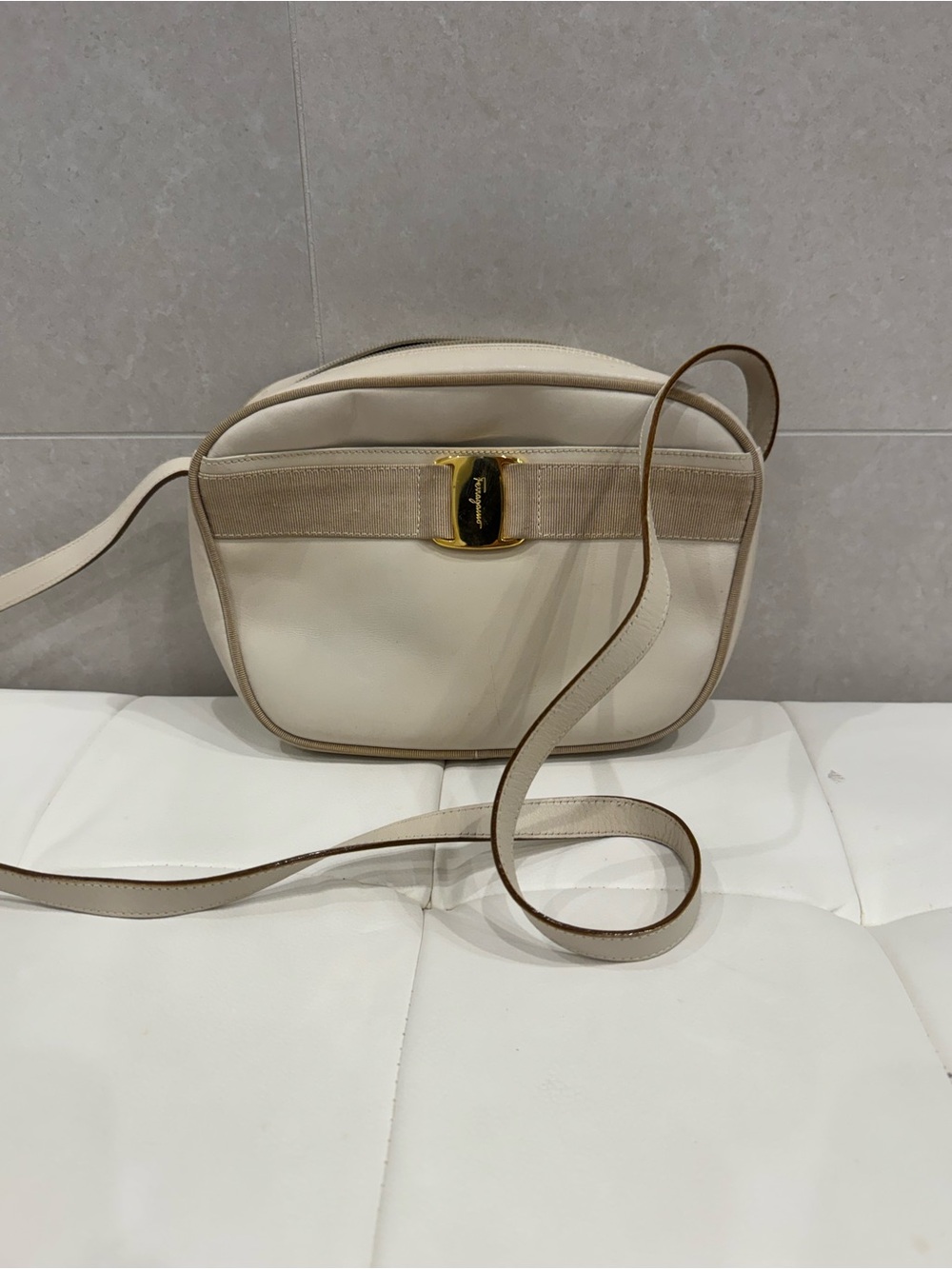 Ferragamo Cream Crossbody Shoulder Bag with Gold Accent